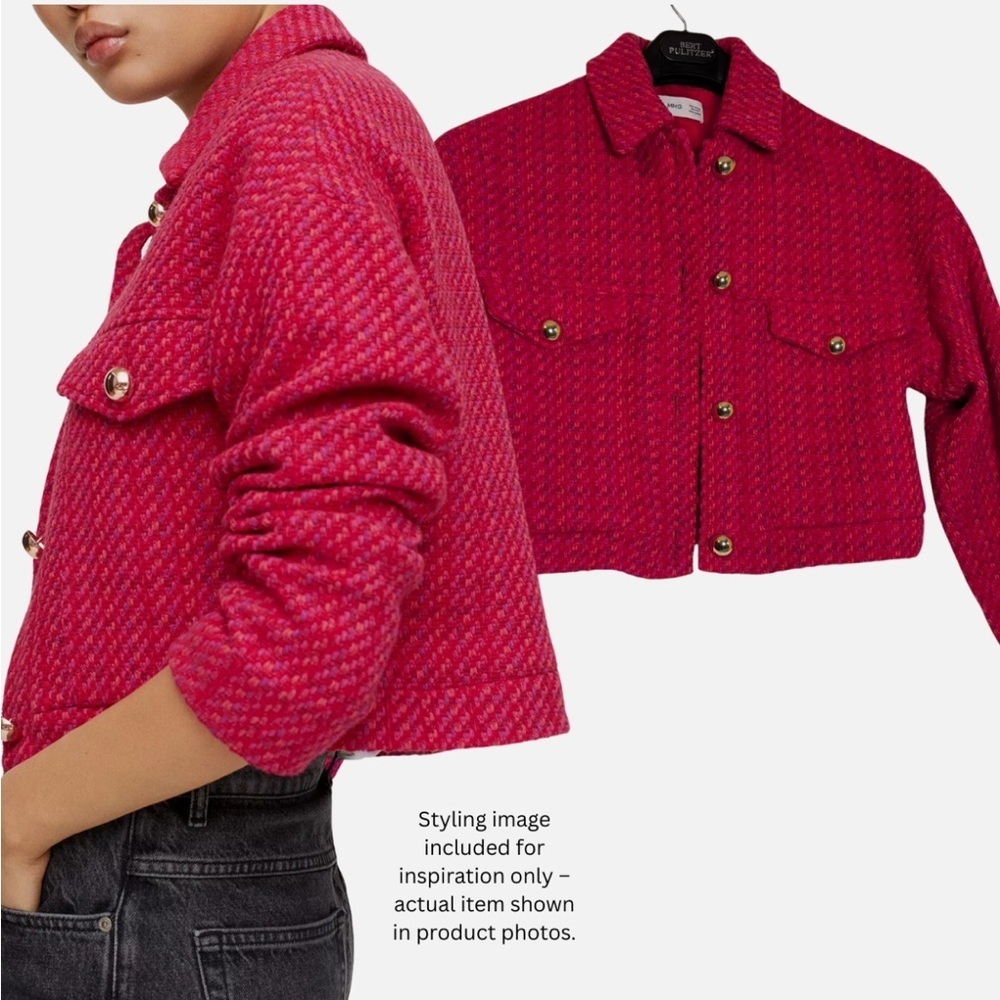 Mango MNG Pink Tweed Gold Button Blazer Women XS Lined Cropped Jacket Preppy